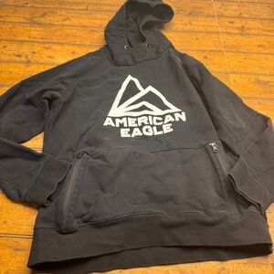 American‎ Eagle Black Hoodie Mountains Logo Graphic Fleece Lined Pullover M